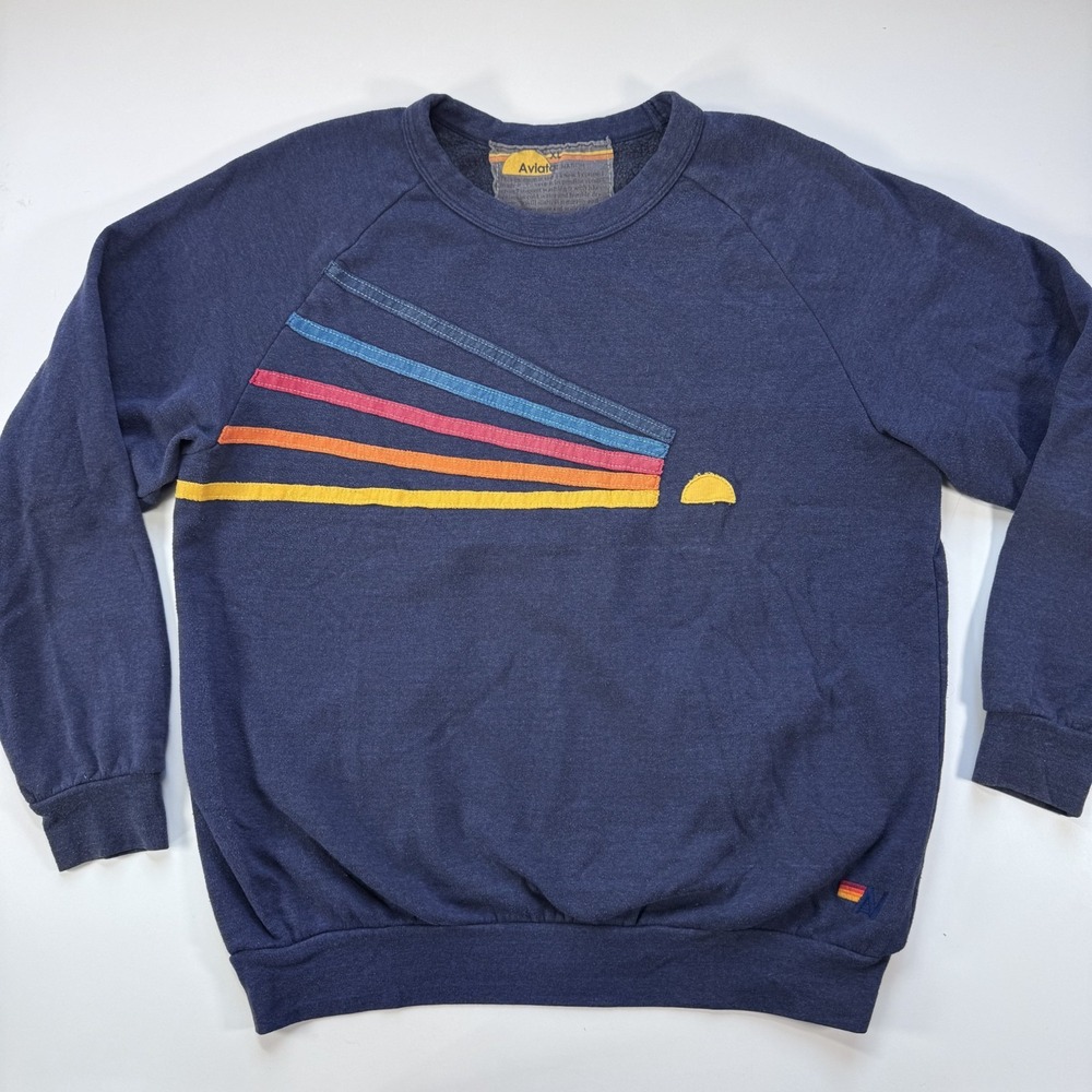 AVIATOR NATION Daydream Sweatshirt Crewneck Rainbow Embroidered Blue XLarge USA